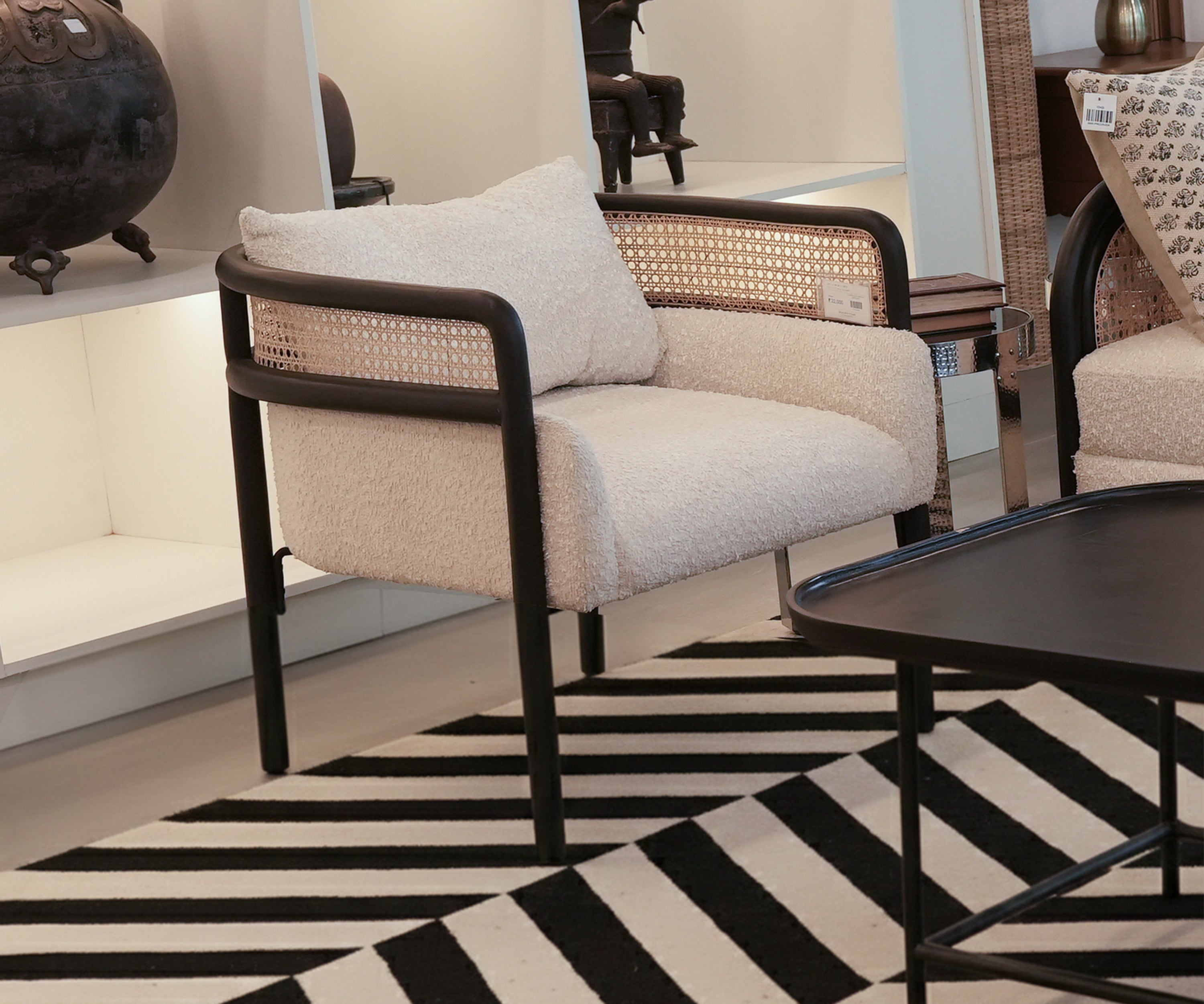 Cane Armchair in Linen and Black Frame