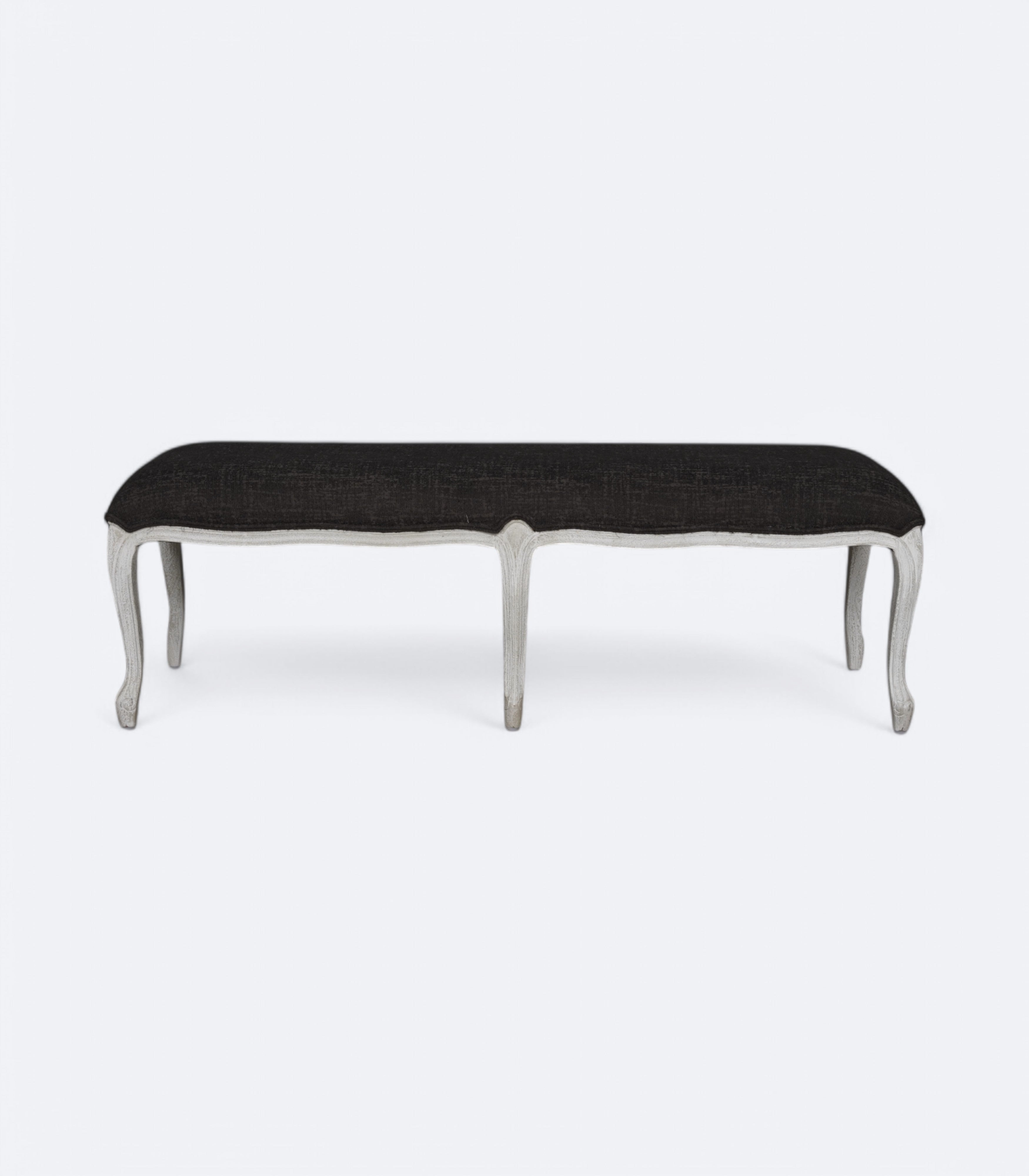French Tufted Distressed Bench with Black Bouclé Upholstery