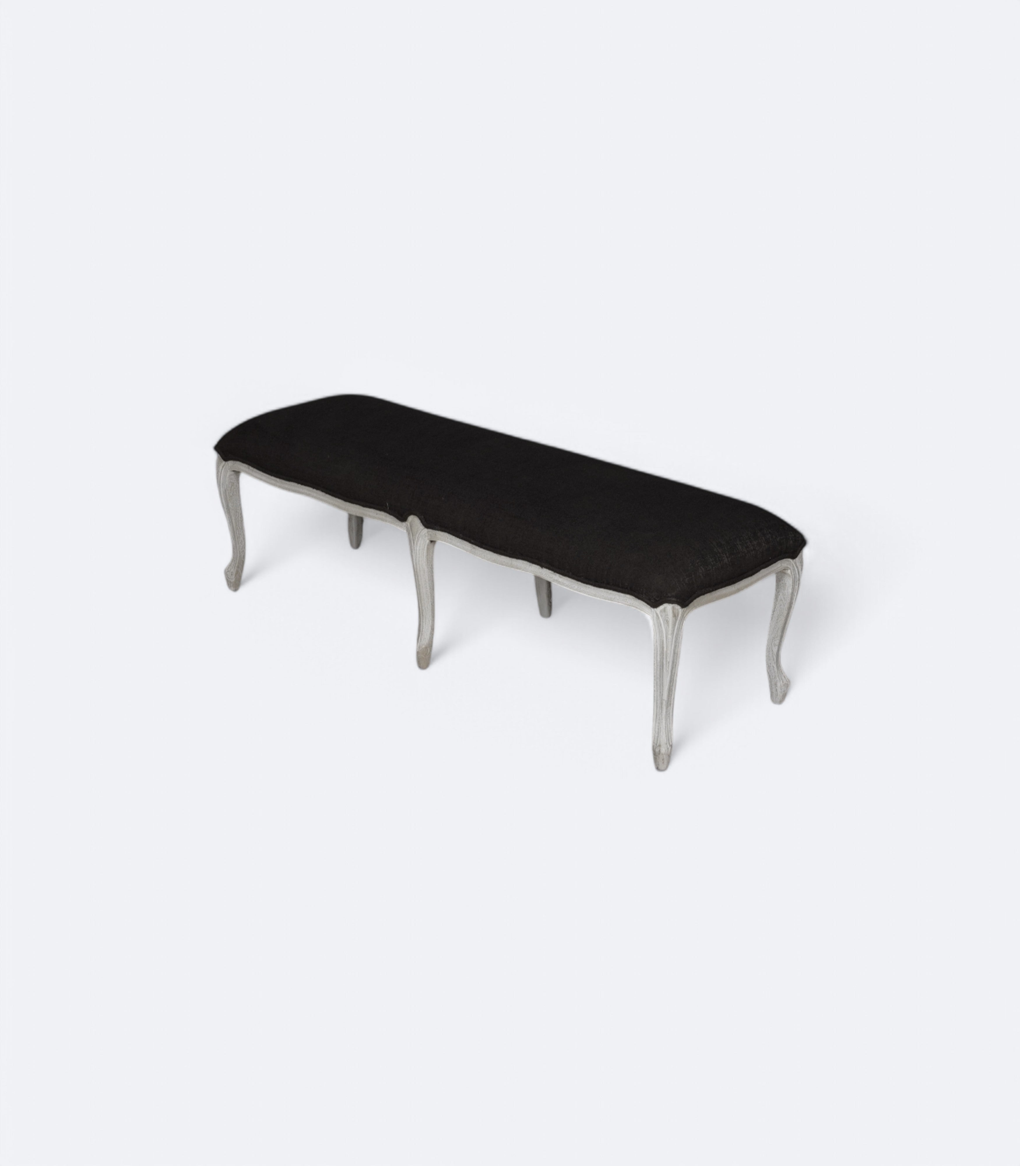 French Tufted Distressed Bench with Black Bouclé Upholstery
