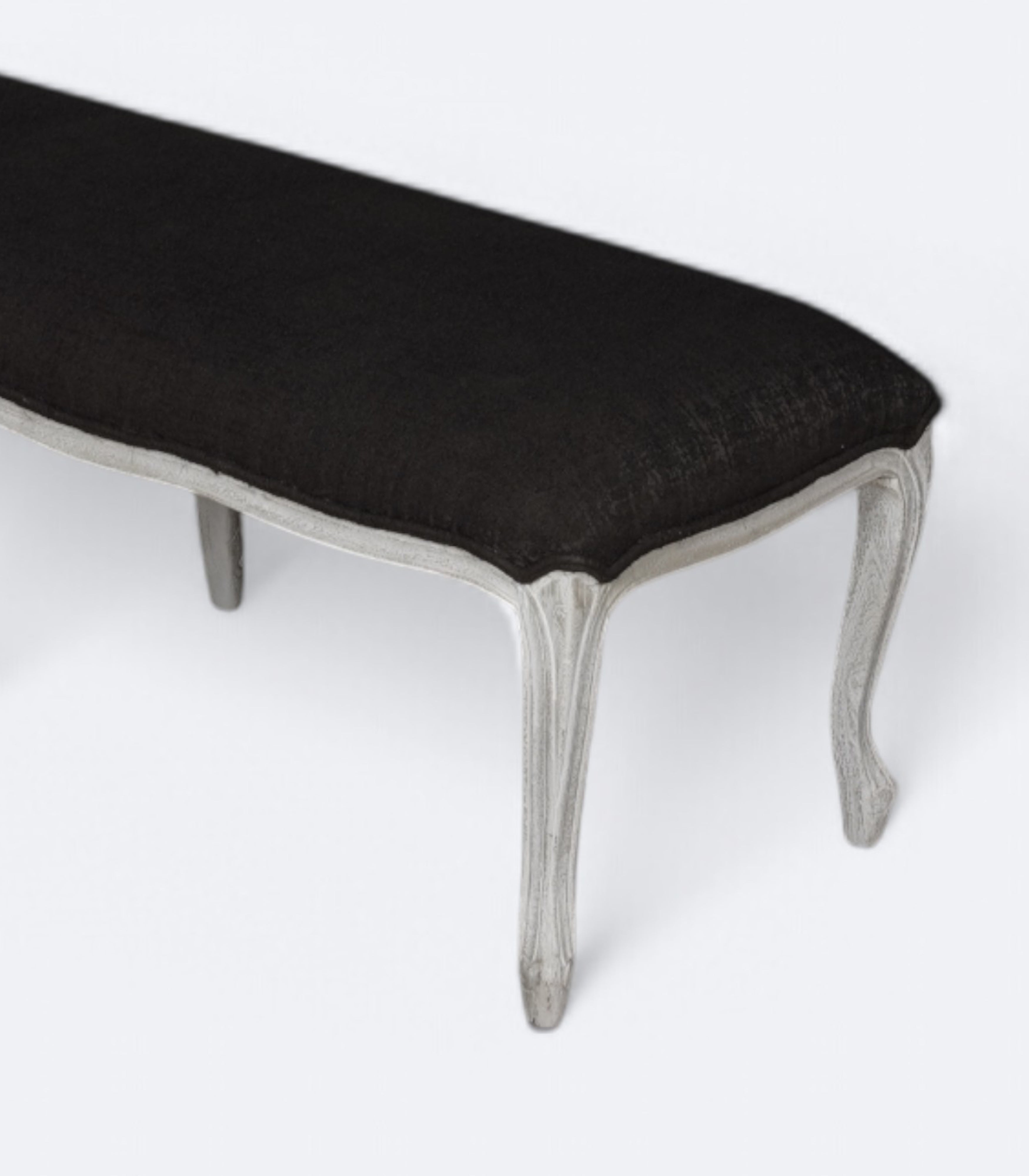 French Tufted Distressed Bench with Black Bouclé Upholstery