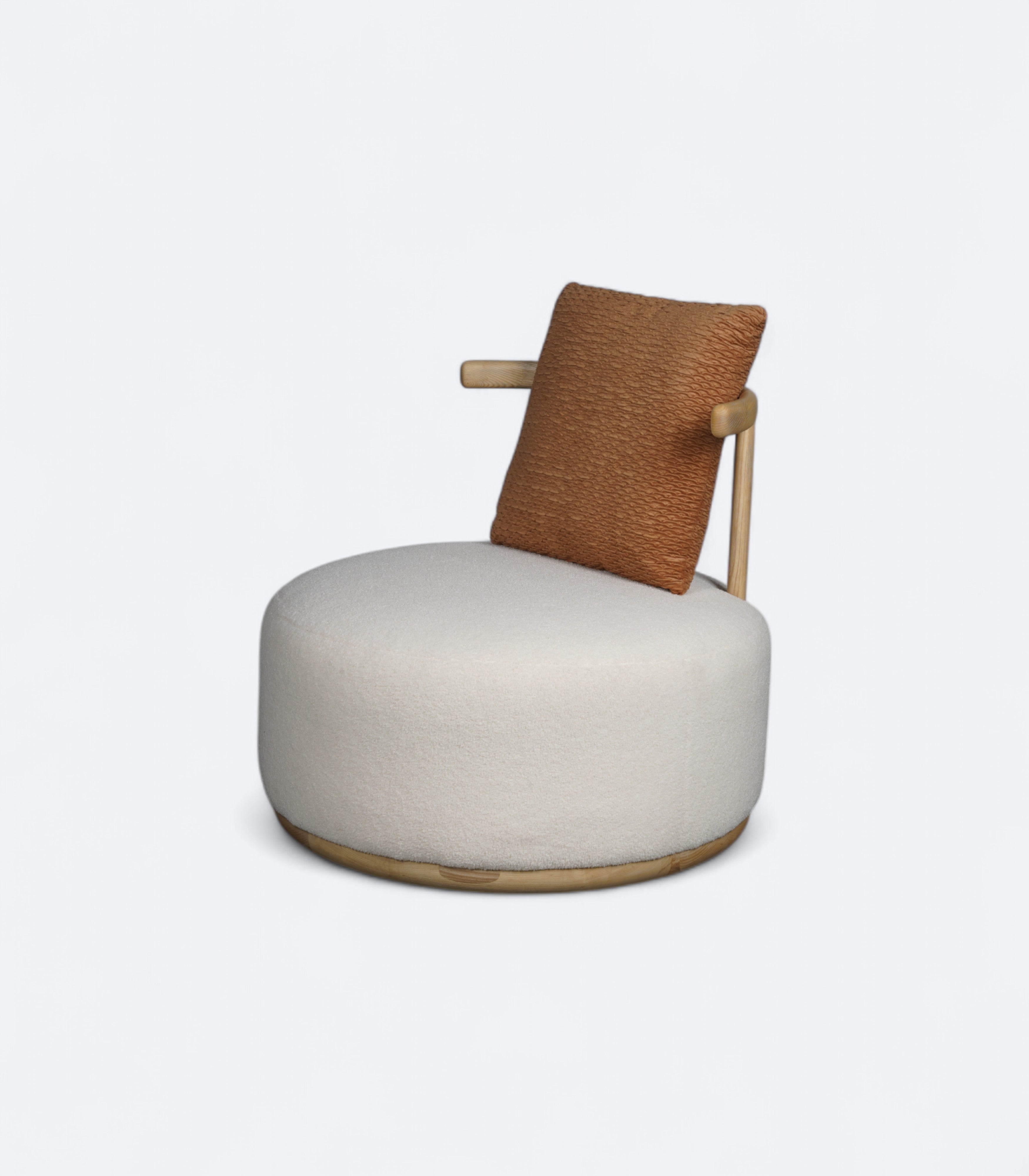 Round Armchair in Bouclé with Oak Base