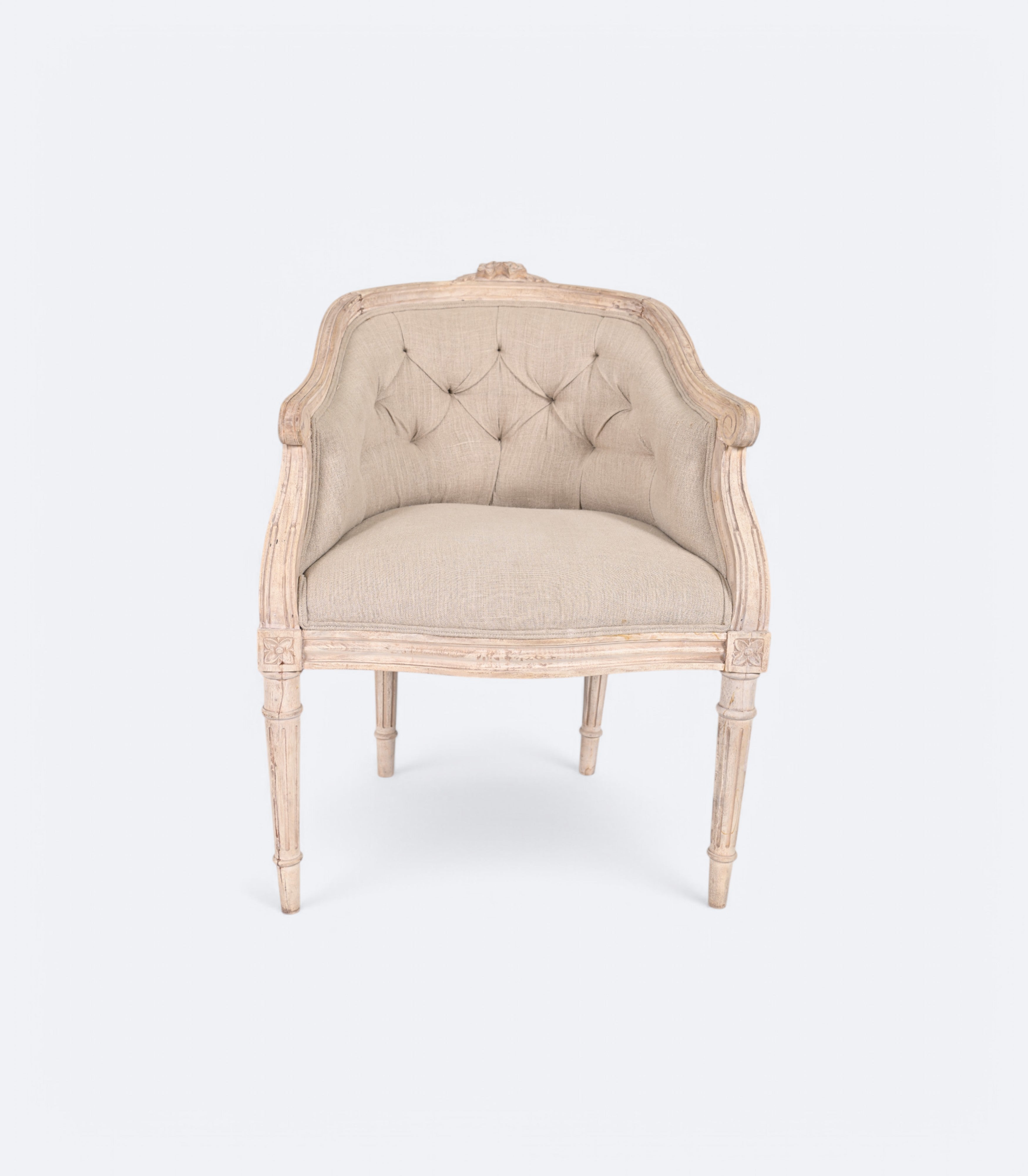 Tufted Linen Armchair in Distressed White Finish