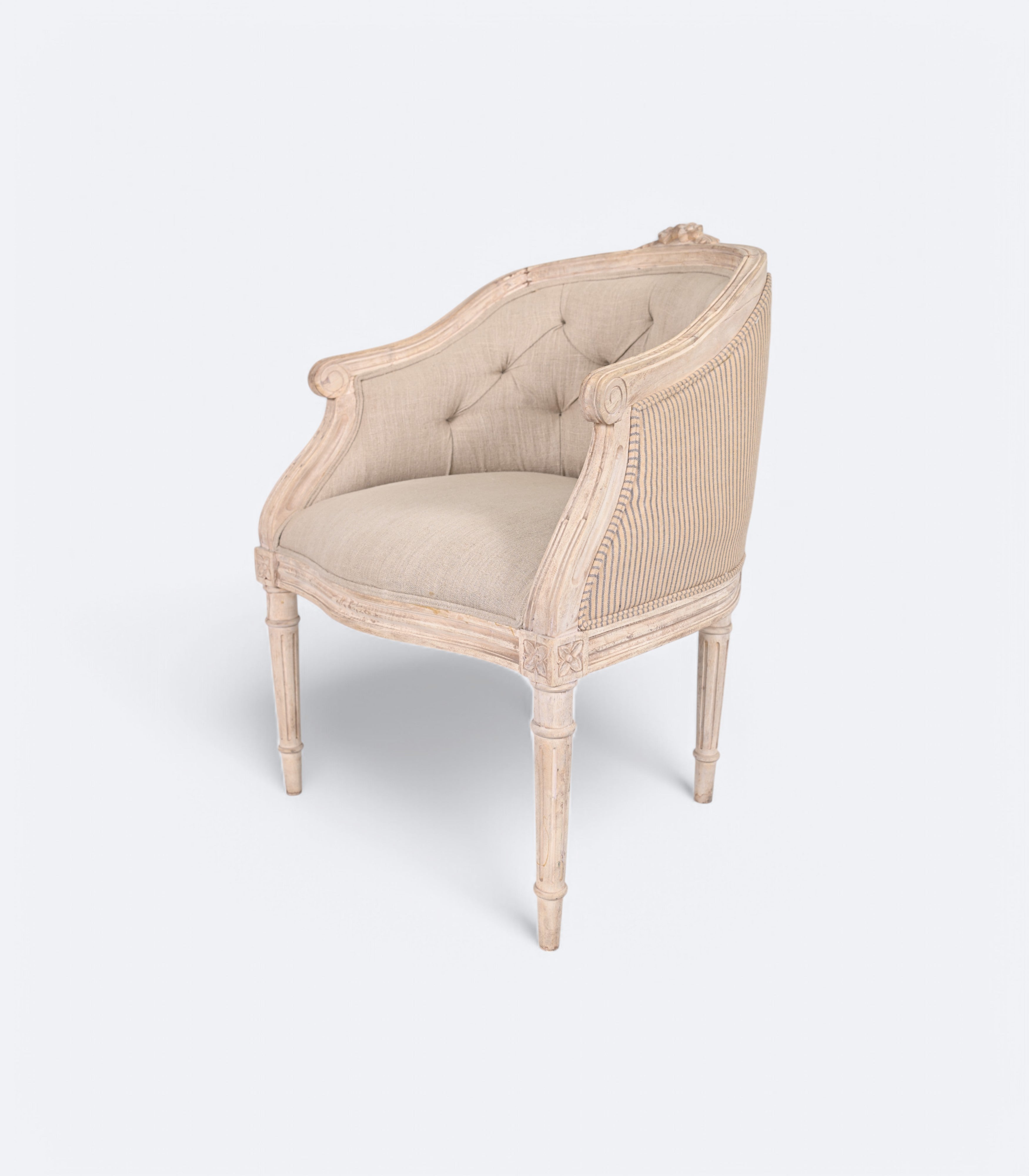 Tufted Linen Armchair in Distressed White Finish