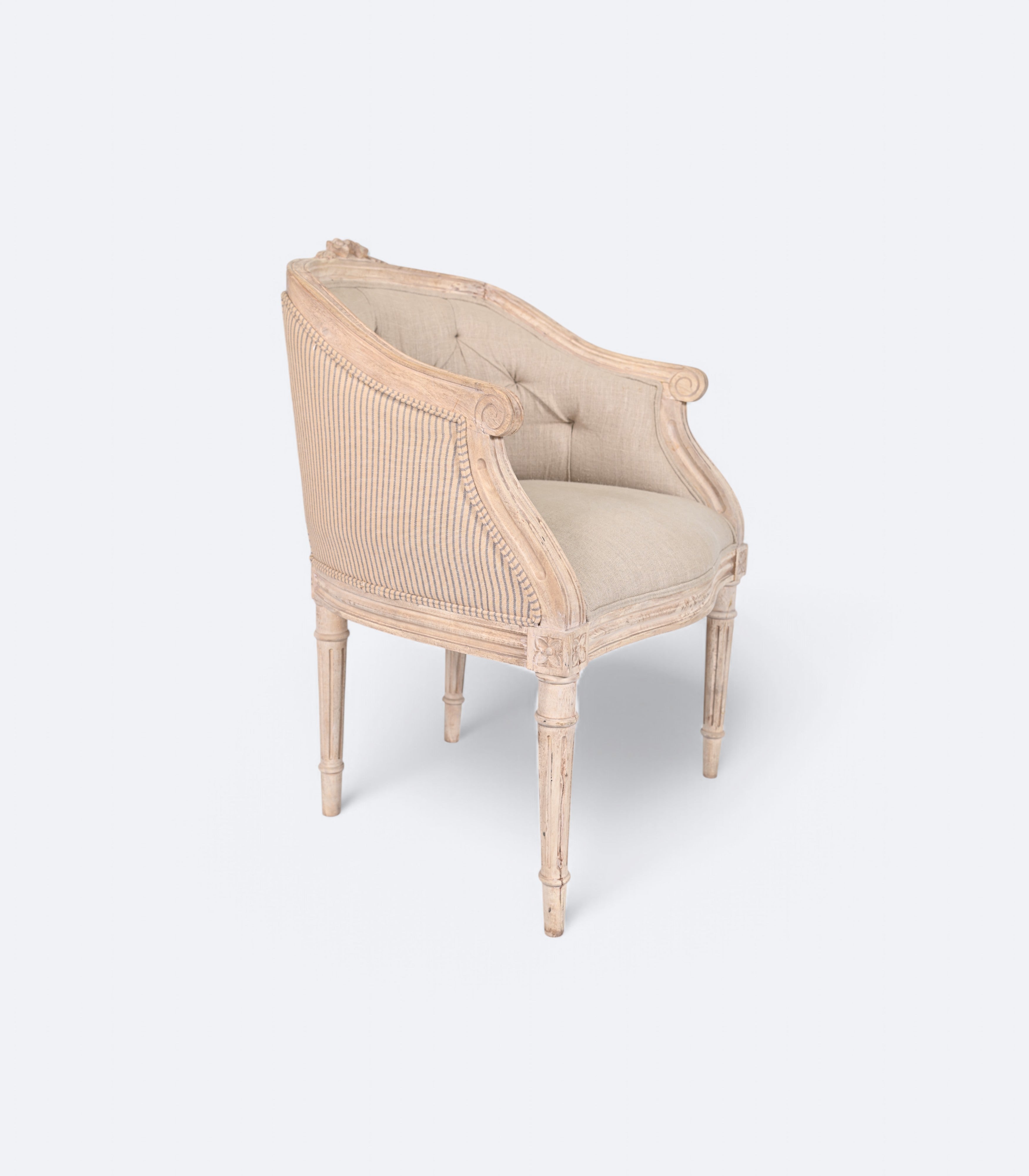 Tufted Linen Armchair in Distressed White Finish