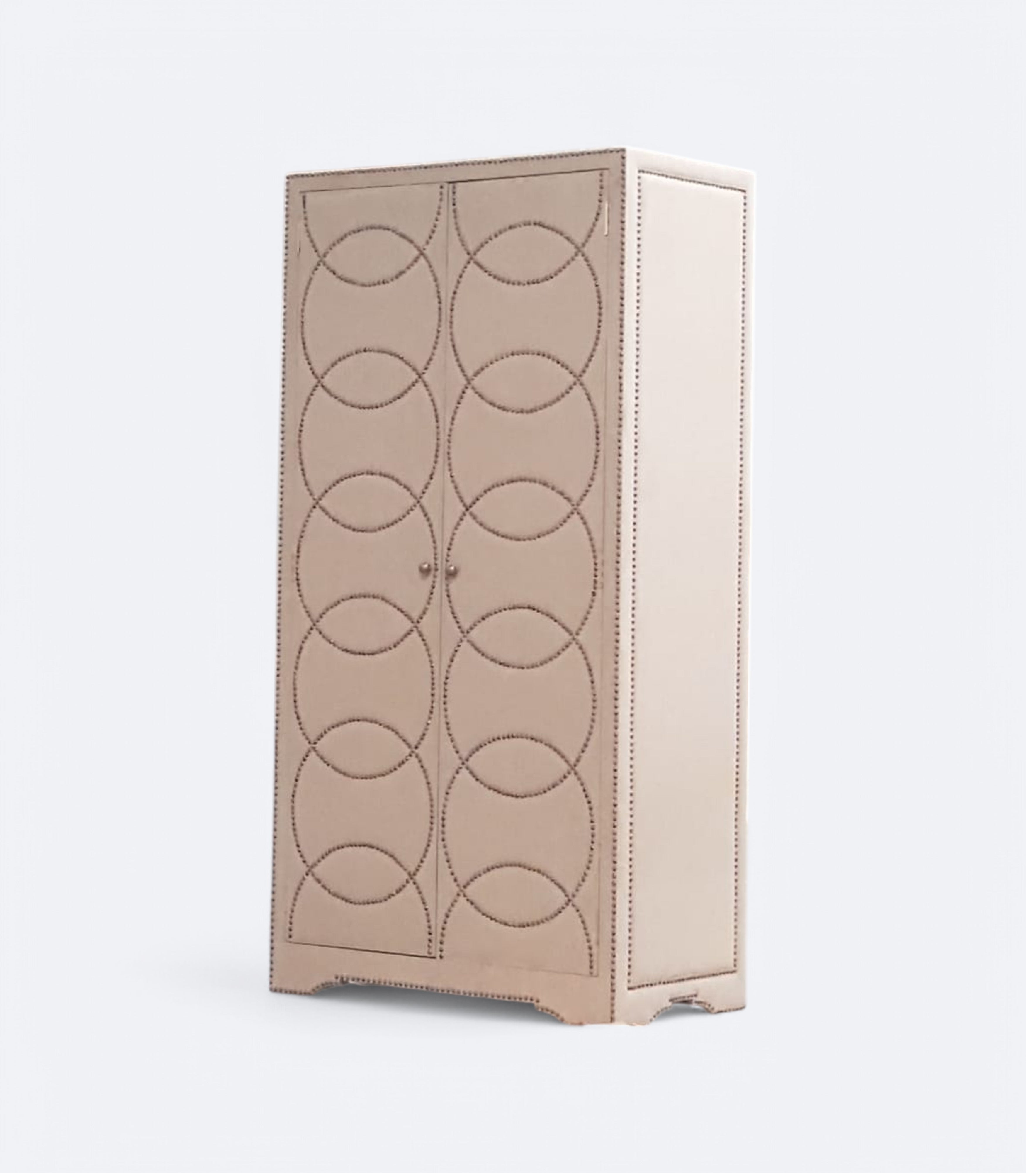Modern Linen Upholstered Wardrobe with Brass Stud Accents